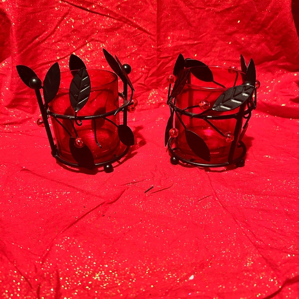 Vintage Elements Red Glass Candle Holders with Black Leaf Design-preloved